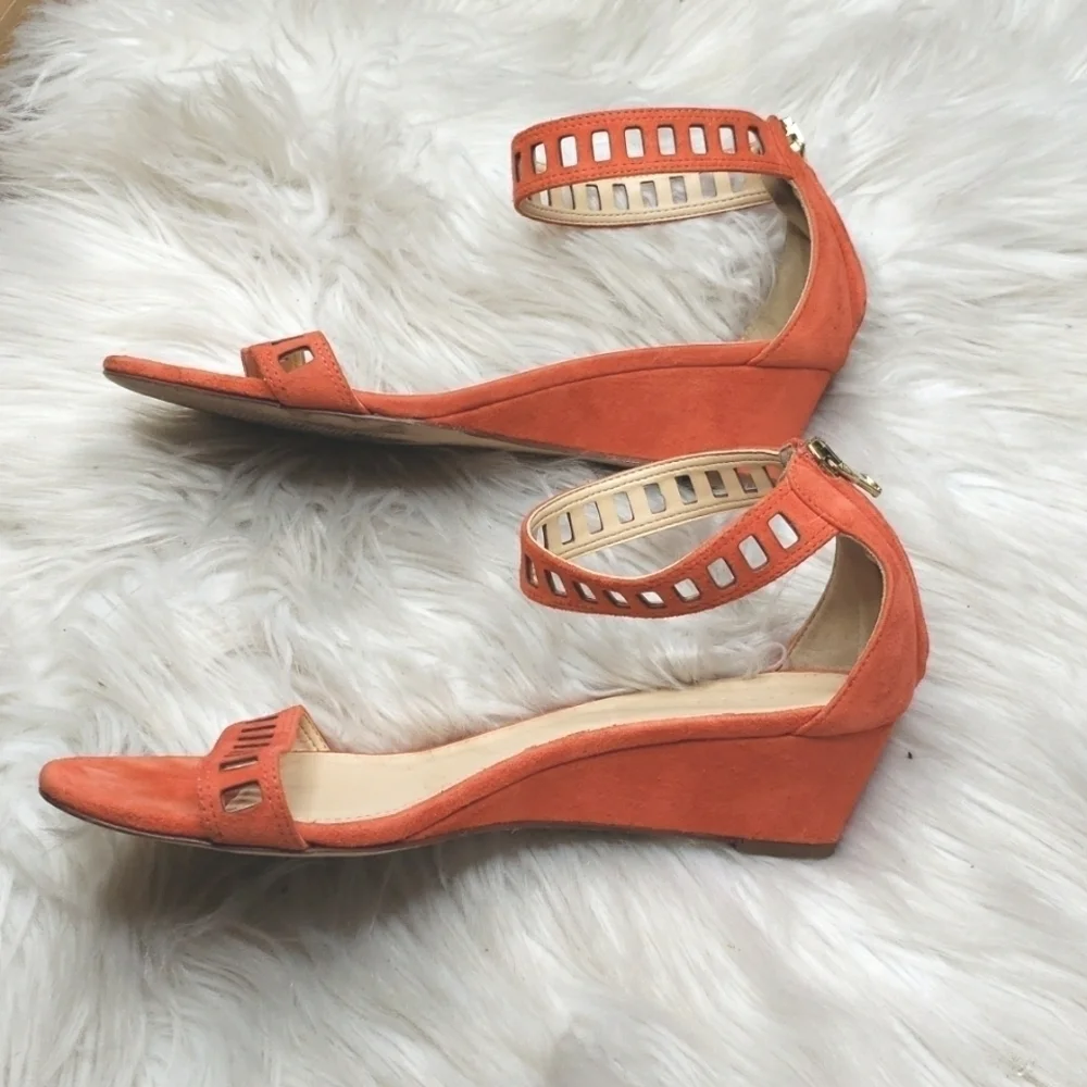 J.CREW Orange Suede Ankle Strap Zip Lillian Low Mini Wedge Sandals 6